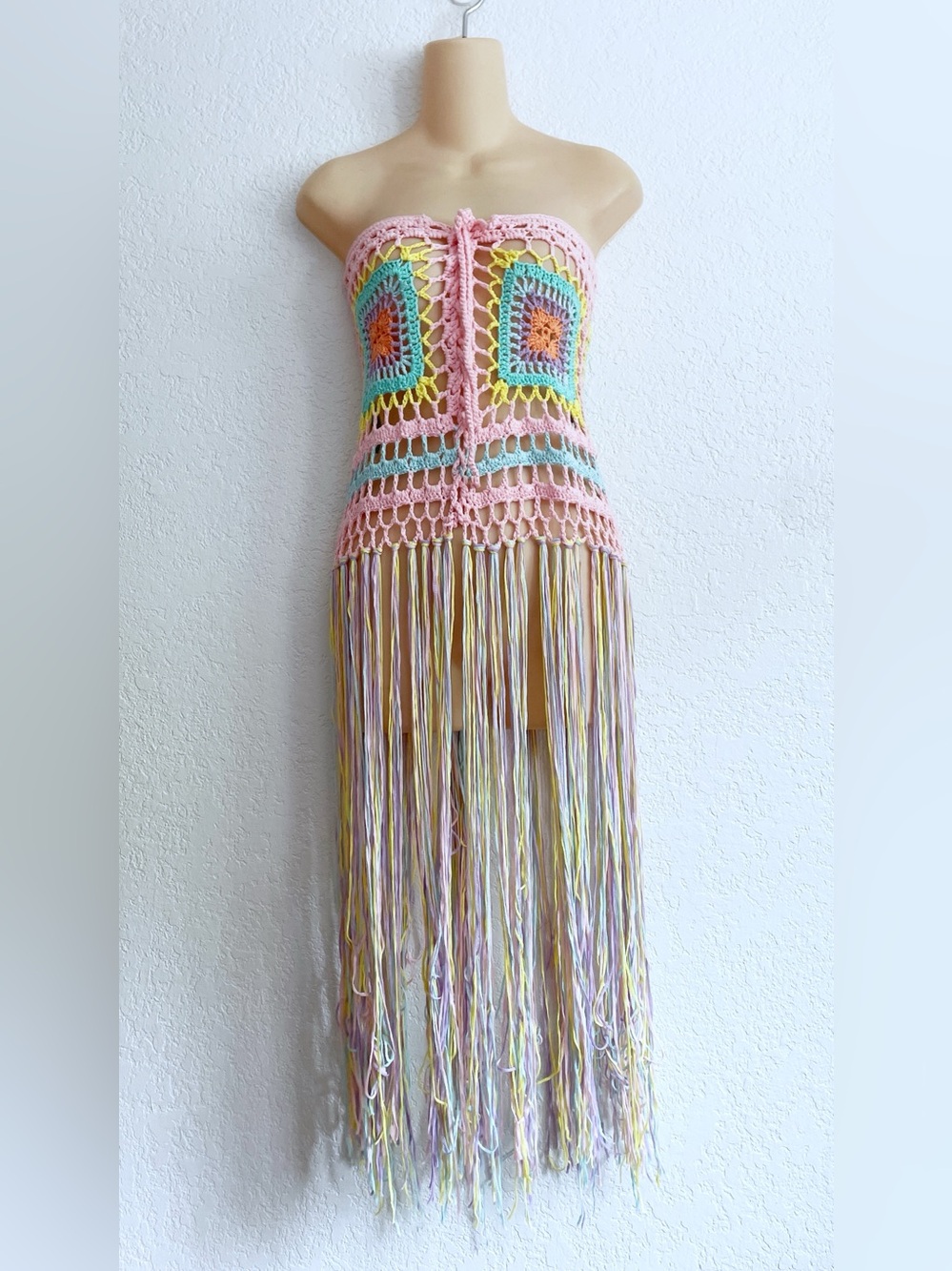 Pastel Crochet Strapless Fringe Dress Skirt Rainbow Pink Festival Fairycore S